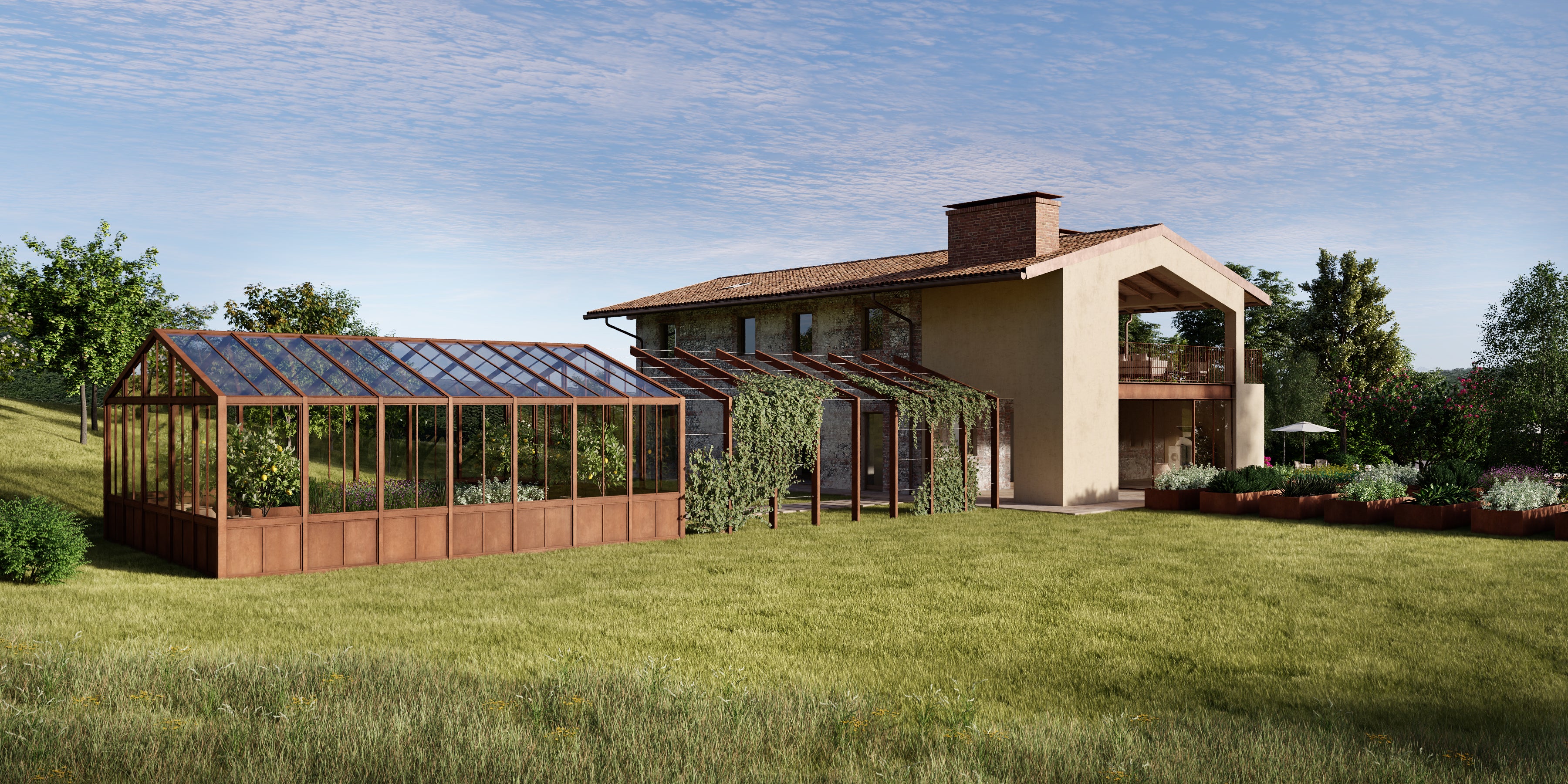 Modern house with a large glass greenhouse in a green landscape. Seven Hills Farmstead location in Italy.
